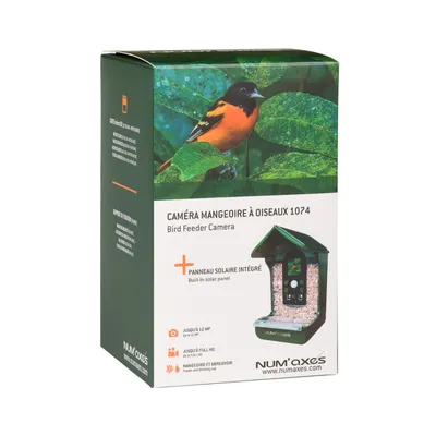 Num'axes Kamera für Vogelfutterstation Modell 1074 mit integriertem Solarpanel, bis zu 12 MP, Full HD, Futter- und Trinkstation. Produktverpackung zeigt Vogel und Kamera.