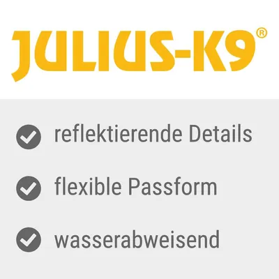 JULIUS-K9, texte en allemand : reflektierende Details, flexible Passform, wasserabweisend