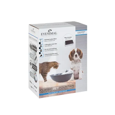 Eyenimal Classic Pet Fountain with activated carbon filter, two water flow options and replaceable outlet. Suitable for cats and small dogs. Filter included. 2-year warranty.