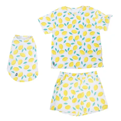 TIAKI Pet & Parent Pyjama im Partnerlook, Zitrone  - Pyjama für Hundeeltern Größe S + passendes Hundeshirt Rückenlänge 25 cm