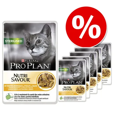 Purina Pro Plan Nutri Savour Sterilised -kissan märkäruokapakkauksia, kana kastikkeessa. Tarjousmerkintä prosenttimerkillä näkyvissä.