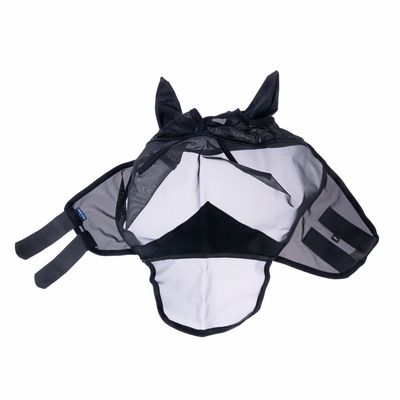 Coperta antimosche nera e bianca con copriorecchie in rete, chiusure in velcro regolabili sui lati.