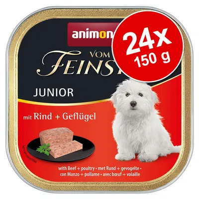animonda Vom Feinsten Junior mit Rind + Geflügel, 24x150 g, kutya konzerv csomagolásán fehér kölyökkutya és húspástétom látható