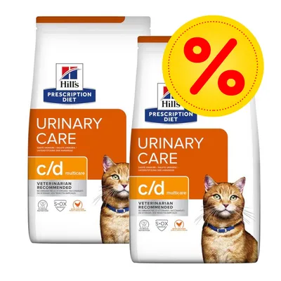 Two bags of Hill's Prescription Diet Urinary Care c/d multicare with a percentage discount symbol, showing veterinarian recommended and S+OX Shield icons.