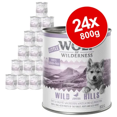 Wolf of Wilderness Little Wolf Wild Hills 24 x 800g tins, 100% grain-free, duck & veal with fruits of the forest, roots and wild herbs. Large red label: 24x 800g.