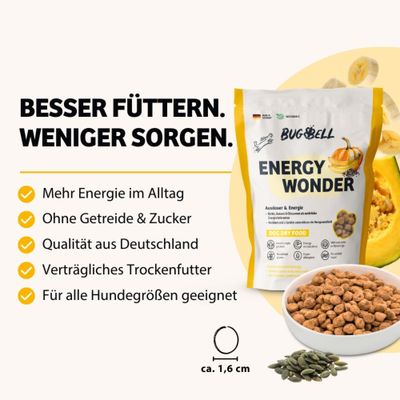 BUGBELL ENERGY WONDER Trockenfutter: Mehr Energie im Alltag, ohne Getreide & Zucker, Qualität aus Deutschland, verträglich, für alle Hundegrößen geeignet, Kroketten ca. 1,6 cm.
