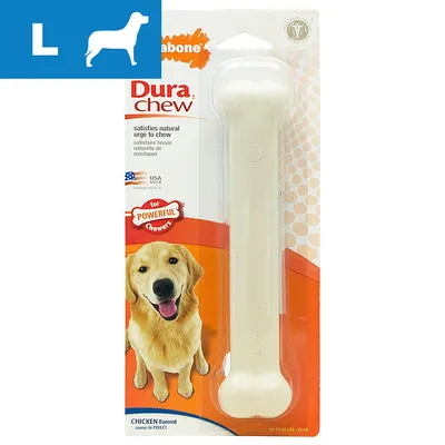 Nylabone Dura Chew, for POWERFUL chewers, CHICKEN flavored. Pakning med stort tyggeben i hvid plastik, billede af en golden retriever, mærket L øverst til venstre.