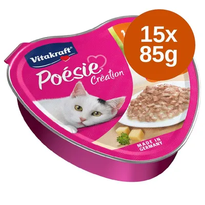 Vitakraft Poésie Création krmivo pro kočky, vyrobeno v Německu, balení 15x85g. Na obrázku: miska s kousky masa a kočka na růžovém obalu.