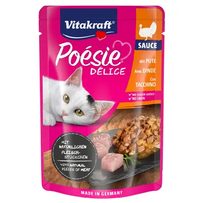 Vitakraft Poésie Délice Sauce pulykával. Természetes húsdarabokkal, hozzáadott cukor nélkül, gabona nélkül. Németországban készült.