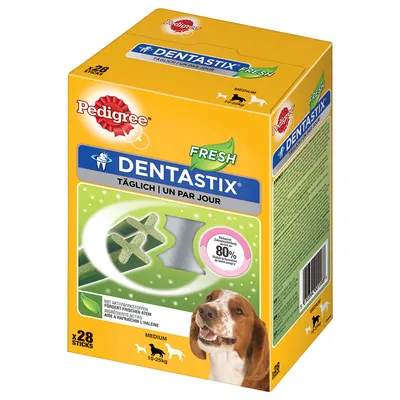 Συσκευασία Pedigree Dentastix Fresh, 28 τεμάχια για μεσαίους σκύλους 10–25 κιλά. Εμφανίζεται στικ σε σχήμα Χ και σκύλος. Ορατό κείμενο: 'Reduziert Zahnsteinbildung um bis zu 80%'.