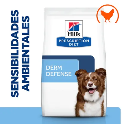 Hill's Prescription Diet Derm Defense, envase con texto 'Sensibilidades ambientales' y símbolo de pollo en la esquina superior derecha.