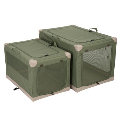 Zwei faltbare grüne Transportboxen mit Netzfenstern und Tragegriffen, geeignet für Haustiere. Verschlüsse an der Oberseite und Front sichtbar.