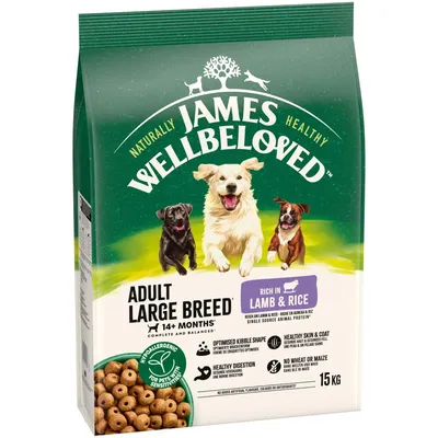 James Wellbeloved Adult Large Breed 14+ months, rich in lamb & rice, hypoallergenic, optimised kibble shape, healthy digestion, no wheat or maize, 15 kg. James Wellbeloved Adult Large Breed 14+ months, rich in lamb & rice, hypoallergenic, optimised kibble shape, healthy digestion, no wheat or maize, 15 kg.