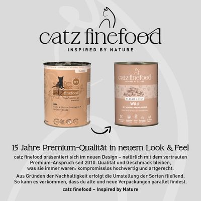 catz finefood Classic Adult Wild im neuen und alten Verpackungsdesign. Hinweis: Umstellung auf neues Design, Qualität bleibt unverändert hochwertig. Nachhaltigkeitsumstellung wird erklärt.