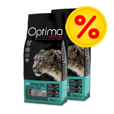 Optimanova Cat Sterilised Chicken & Rice, 2 kg, två förpackningar med snöleopardbild och gul rabattmärke med röd procent. Text: 75 % kyckling, 2 kg NET WEIGHT. Optimanova Cat Sterilised Chicken & Rice, 2 kg, två förpackningar med snöleopardbild och gul rabattmärke med röd procent. Text: 75 % kyckling, 2 kg NET WEIGHT.