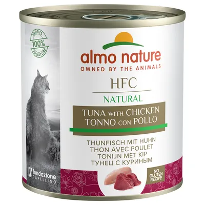 Konzerva almo nature HFC Natural, TUNA with CHICKEN, bezlepková receptura, obrázek tuňáka a kuřecího masa, 100% profits to nature, fondazione Capellino.