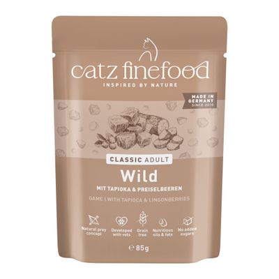 catz finefood Classic Adult zverina s tapiokou a brusnicami, vyrobené v Nemecku, bez obilnín, bez prídavku cukru, 85 g vrecko.