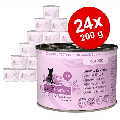 catz finefood Classic Nr. 11, lamm och kanin, 24x200g, spannmålsfri, inga djurförsök, utan socker, 93 % köttandel, högkvalitativ kattmat.