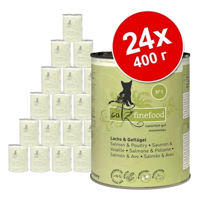 catz finefood No 5, Lachs & Geflügel, 24 консерви по 400 г. Видими надписи: Salmon & Poultry, без добавена захар, не се тества върху животни.