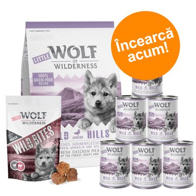 Little Wolf of Wilderness Junior Pachet de testare Hrană uscată (400g) + hrană umedă (6x400g) + snack (180g)
