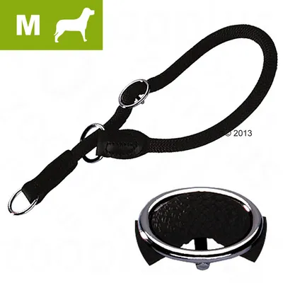 Czarna obroża zaciskowa z plecionego materiału i metalowymi elementami, rozmiar M dla psa, widoczne zbliżenie na detal obroży.