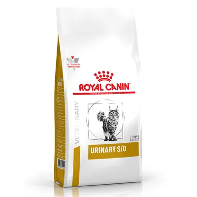 Confezione di Royal Canin Veterinary Nutrition Urinary S/O per gatti, con disegno di gatto e testo visibile: URINARY S/O, VETERINARY, S/O INDEX.