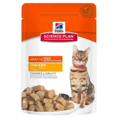 Hill's Science Plan Adult 1-6 Chunks & Gravy pollo, bocaditos en salsa para gatos adultos. Imagen del producto con trozos de comida y un gato en el envase.