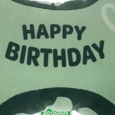 Zöld párna „Happy Birthday” felirattal, alsó szélén látható Zooplus-logóval.