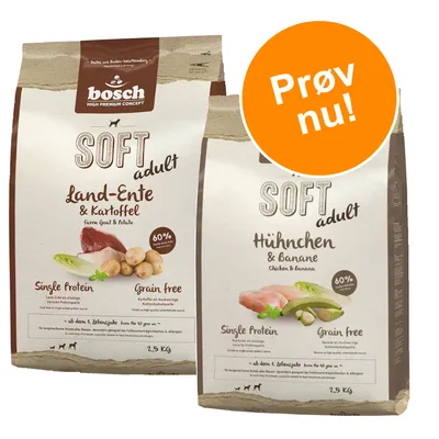 bosch SOFT adult Land-Ente & Kartoffel og Hühnchen & Banane hundefoder, 2,5 kg poser. Tekst: Single Protein, Grain Free, 60 % frisk kød. Orange cirkel med teksten Prøv nu! bosch SOFT adult Land-Ente & Kartoffel og Hühnchen & Banane hundefoder, 2,5 kg poser. Tekst: Single Protein, Grain Free, 60 % frisk kød. Orange cirkel med teksten Prøv nu!