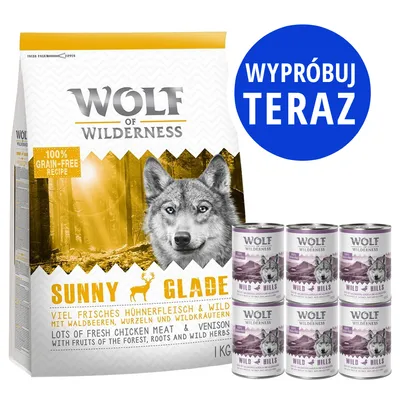 Wolf of Wilderness Sunny Glade 1 kg, 100% grain-free recipe; 6 puszek Wolf of Wilderness Wild Hills. Niebieskie koło z napisem: Wypróbuj teraz.