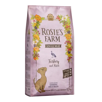 Rosie's Farm Single Meat Trockenfutter für Hunde, Sorte Turkey and Rice, angepasst an empfindliche Bedürfnisse, 12 kg Packung. Enthält Präbiotika und ist getreidefrei.