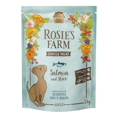 Rosie's Farm Single Meat Salmon and Rice, adapted for sensitive dogs' needs. 1kg Adult. With prebiotics to reduce intolerance risks.