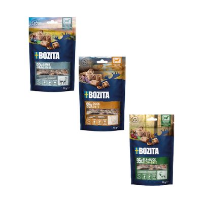 Bozita przekąski mięsne dla psów, 95% łosia i kaczki, z żurawiną, miętą i kwiatem lawendy. Opakowanie nadające się do recyklingu, bez sztucznych barwników i konserwantów, 70g.