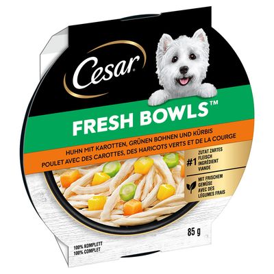 Cesar Fresh Bowls, курица с морковью, зелёной фасолью и тыквой. Нежное мясо, с свежими овощами. 100% полнорационный. Упаковка: 85 г.
