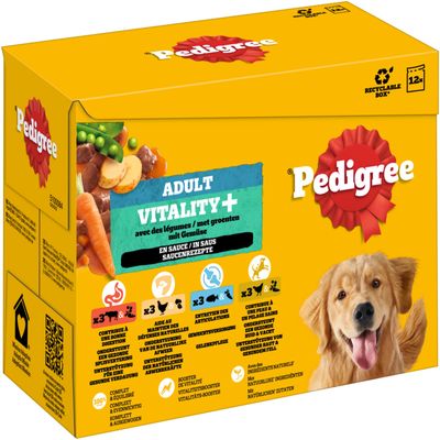 Pedigree Adult Vitality+ con verduras, en salsa, Recetas en salsa. Incluye información sobre digestión, vitalidad, cuidado de las articulaciones e ingredientes naturales en el envase.