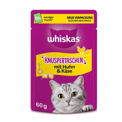 Whiskas Knuspertaschen mit Huhn & Käse, 60g. Neue Verpackung mit 60% weniger Plastik, gleicher Geschmack. Whiskas Knuspertaschen mit Huhn & Käse, 60g. Neue Verpackung mit 60% weniger Plastik, gleicher Geschmack.