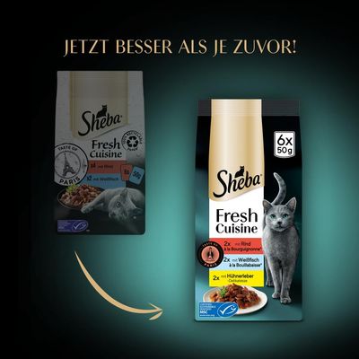 Sheba Fresh Cuisine, 6x50g. Varianti: 2x manzo à la Bourguignonne, 2x pesce bianco à la Bouillabaisse, 2x fegato di pollo Delikatesse. Pesca sostenibile certificata MSC.
