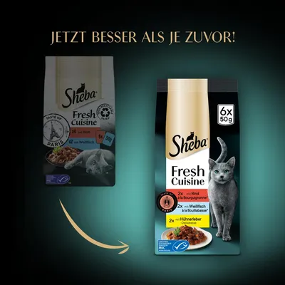 Sheba Fresh Cuisine 6x50g, 2x Rind à la Bourguignonne, 2x Weißfisch à la Bouillabaisse, 2x Hühnerleber. Texte en allemand : JETZT BESSER ALS JE ZUVOR!