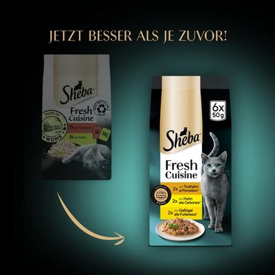 Sheba Fresh Cuisine, 6x50g. Gusti: tacchino al pomodoro, pollo alla carbonara, pollame alla puttanesca. Sigillo Taste of Rome. Ora migliore che mai.