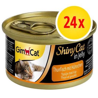 GimCat ShinyCat in Jelly - Thunfisch mit Huhn, 24x. Kissan märkäruokapurkki, etiketissä kuva kissasta ja tuotetiedot saksaksi, hollanniksi ja ranskaksi. GimCat ShinyCat in Jelly - Thunfisch mit Huhn, 24x. Kissan märkäruokapurkki, etiketissä kuva kissasta ja tuotetiedot saksaksi, hollanniksi ja ranskaksi.