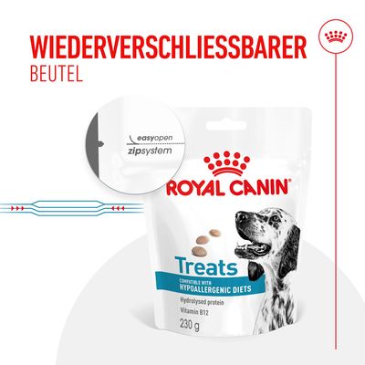 Royal Canin Treats, пакет с застежкой easyopen, совместим с гипоаллергенными диетами, гидролизованный белок, витамин B12, 230 г.