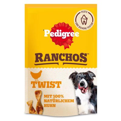 Pedigree Ranchos Twist 100 % luonnollisella kanalla, kiinteä ja turvallinen koostumus, kuva koirasta ja kananlihasta