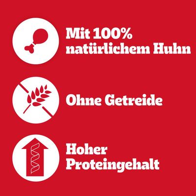 Mit 100% natürlichem Huhn, ohne Getreide, hoher Proteingehalt.