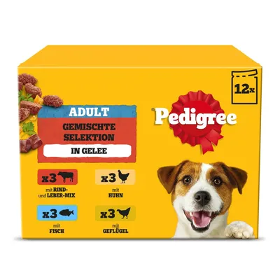 Pedigree Adult selecție mixtă în aspic, 12 plicuri: 3x mix vită și ficat, 3x pui, 3x pește, 3x carne de pasăre.