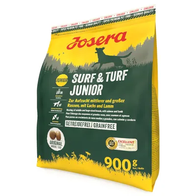 Josera Surf & Turf Junior, 900 g, pour chiots de races moyennes et grandes, sans céréales, avec saumon et agneau. Texte visible : Getreidefrei | Grainfree, Original Größe, DLG Excellent.