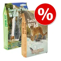 Dve balenia krmiva Taste of the Wild s viditeľným nápisom a červeným symbolom percenta, ktorý označuje akciovú ponuku.