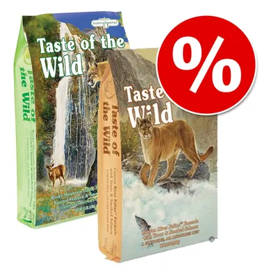 Dvě balení krmiva Taste of the Wild s motivem pumy a jelenů, vpravo červený symbol procenta pro zvýhodněnou nabídku. Dvě balení krmiva Taste of the Wild s motivem pumy a jelenů, vpravo červený symbol procenta pro zvýhodněnou nabídku.