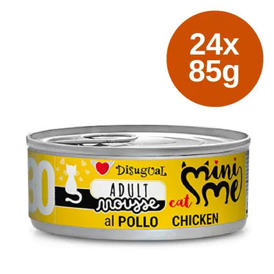 Disugual Mini Me Adult Mousse s kuracím mäsom, 24x85g. Žltá dóza s motívom mačky a detailmi produktu.