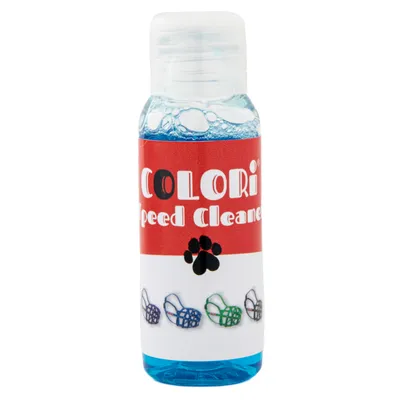 Colori Speed Cleaner, чистящее средство с символом лапы и цветными сетчатыми узорами на упаковке.
