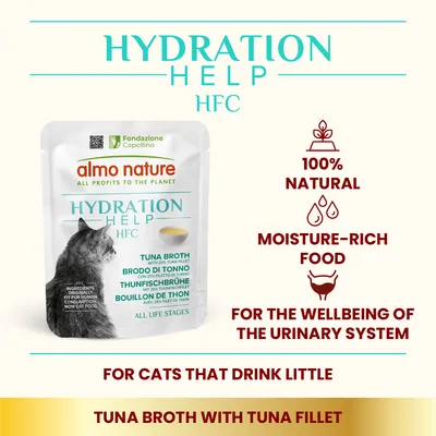 almo nature Hydration Help HFC, tuniakový vývar s tuniakovým filé. 100 % natural, moisture-rich food, for the wellbeing of the urinary system, for cats that drink little. Text v angličtine.